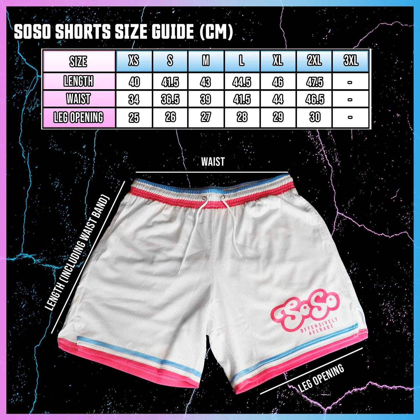 White shorts with colorful trim and Soso branding, accompanied by a size guide on a dark background.