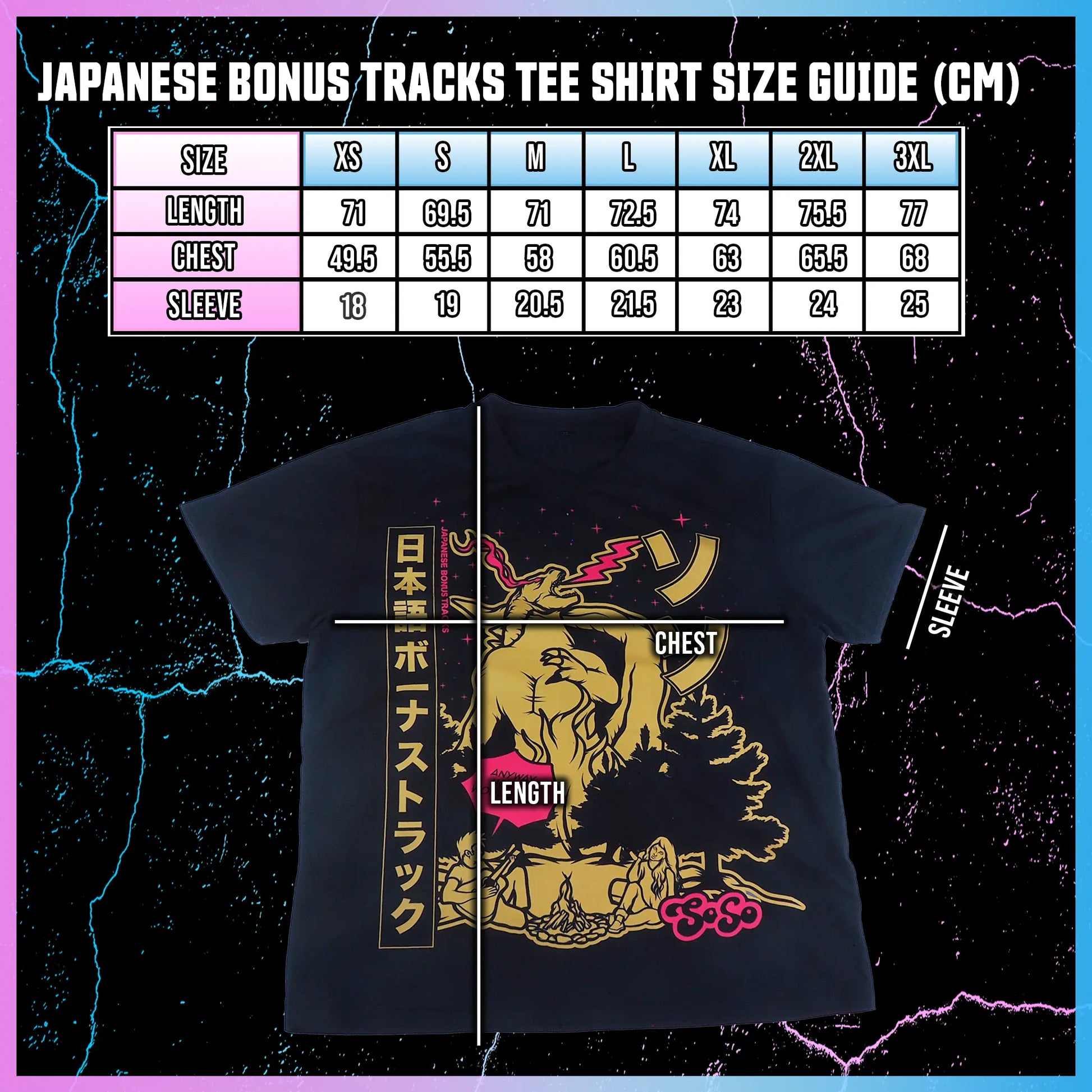 T-shirt with graphic design and size chart on a dark background