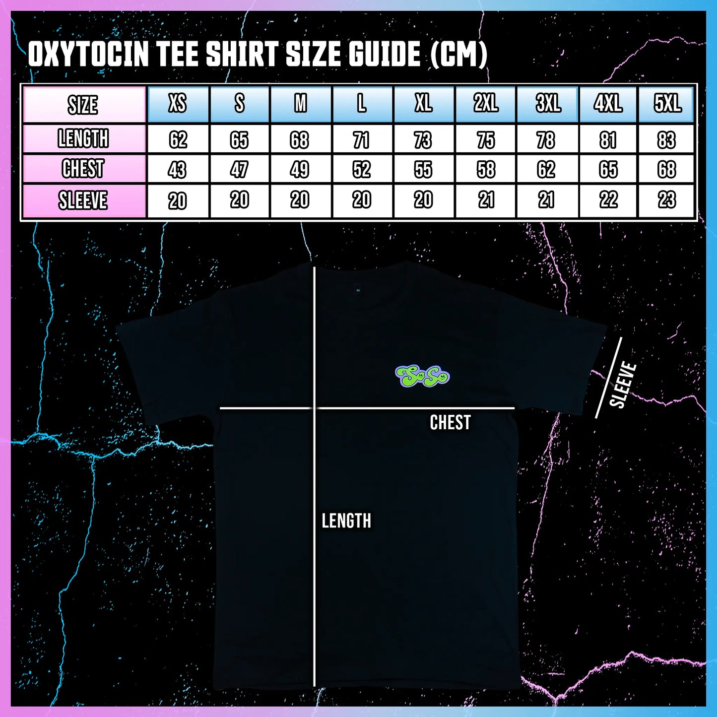 Oxytocin tee shirt size guide with measurements on a dark background