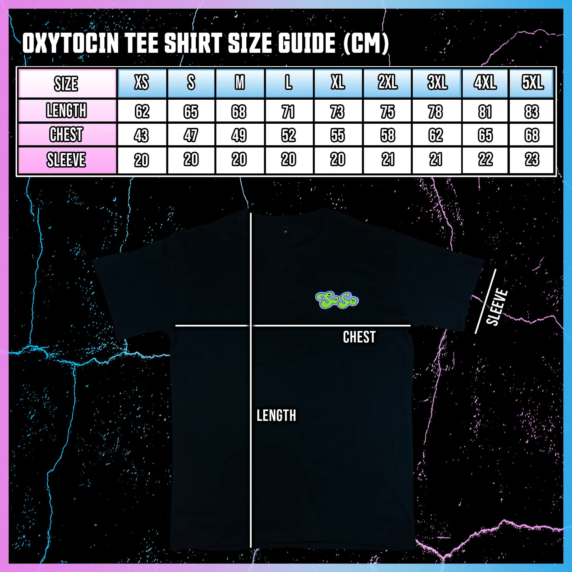 Oxytocin tee shirt size guide with measurements on a dark background