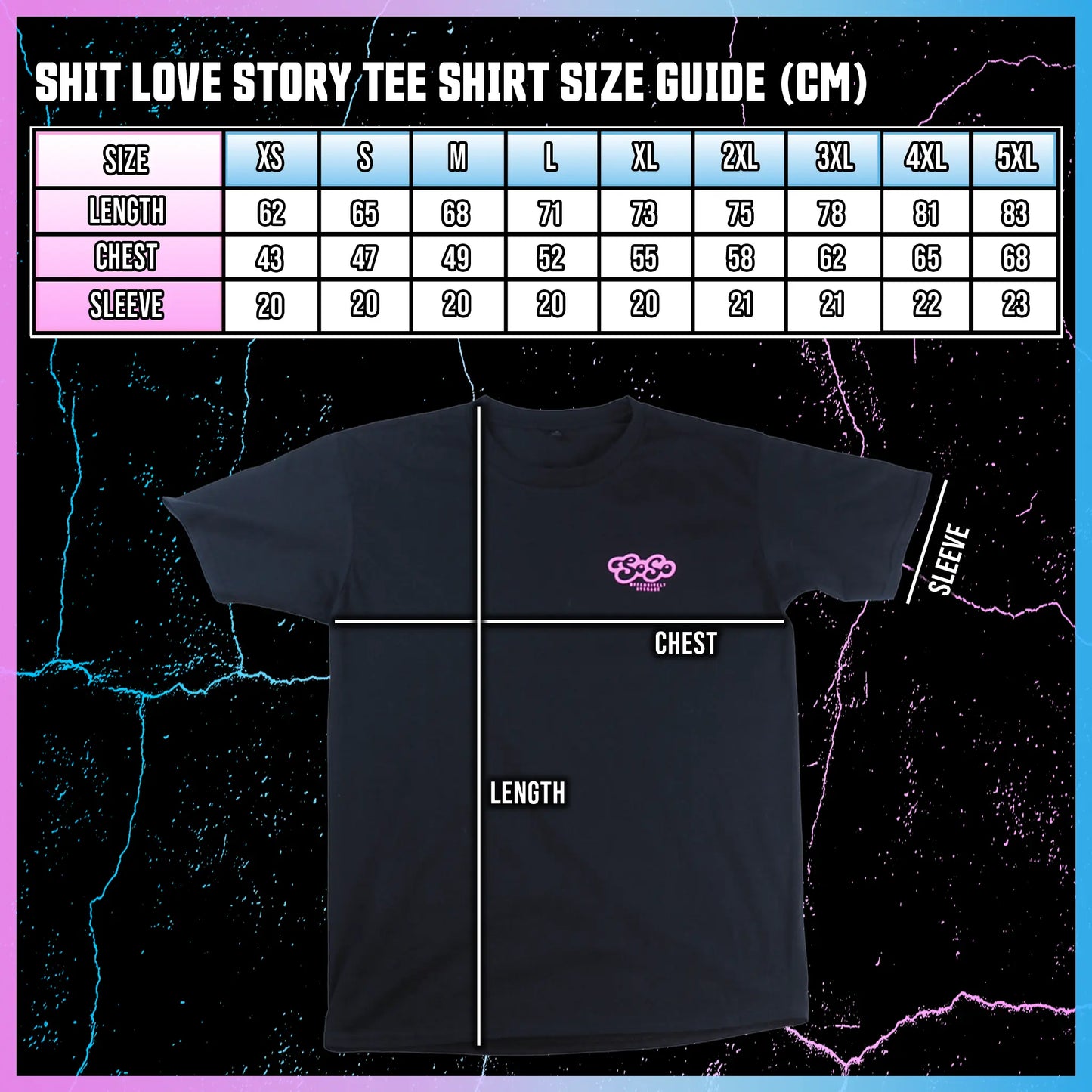 Black t-shirt with a logo and text, size chart on a dark background
